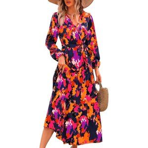 PrettyGarden Women Blue Orange Polyester V Neck Long Sleeve Floral Maxi Dress
